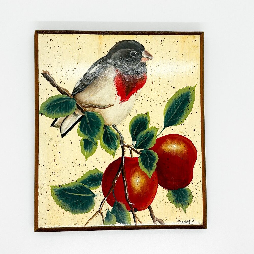 Vtg Hand Painted Wood Plaque Bird Grosebeak Apples Tree Cottagecore Farmhouse